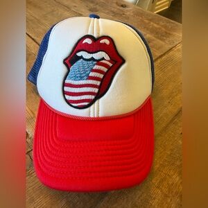 Embroidered American Flag Rolling Stones Trucker Hat - Red, White & Blue Unisex